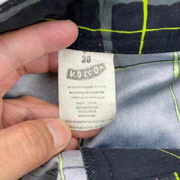 VOLCOM Swim Trunks Men 30 Black Neon Green Plaid MAGU Board Shorts Swimming Suit - Picture 5 of 12